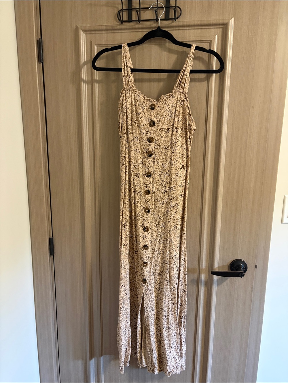 Button-Front Floral Maxi Dress in Beige